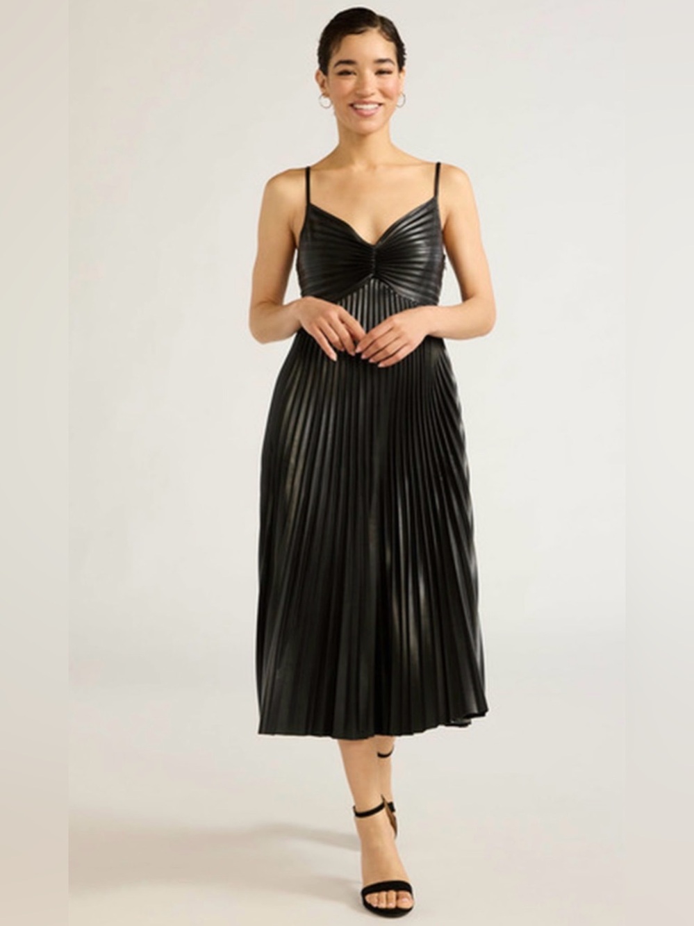 Sofia Black Pleated Faux-Leather Midi Dress with Spaghetti Straps